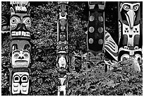 Totem collection, near the Capilano suspension bridge. Vancouver, British Columbia, Canada (black and white)