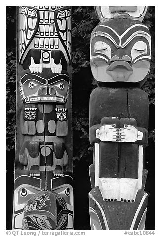 Two Totem sections, Stanley Park. Vancouver, British Columbia, Canada (black and white)