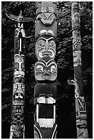 Three totems, Stanley Park. Vancouver, British Columbia, Canada (black and white)