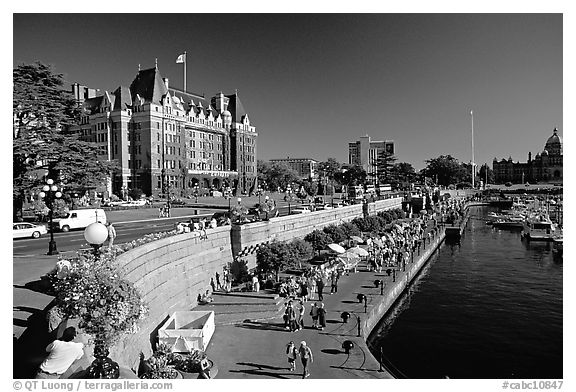 Inner harbor quay and Empress hotel. Victoria, British Columbia, Canada (black and white)