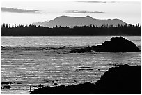 Rocks, tree line, and mountains from Half-moon bay, late afternoon. Pacific Rim National Park, Vancouver Island, British Columbia, Canada ( black and white)