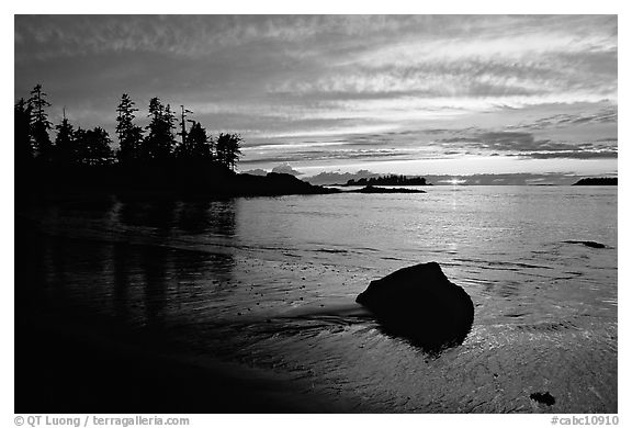 Rock and bay at sunset, Half-moon bay. Pacific Rim National Park, Vancouver Island, British Columbia, Canada (black and white)