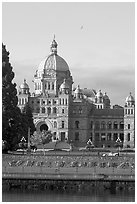 Legistlative buildings and Victoria written in flowers, morning. Victoria, British Columbia, Canada ( black and white)