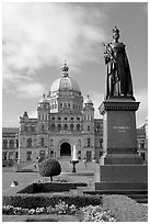 Queen Victoria and parliament building. Victoria, British Columbia, Canada ( black and white)