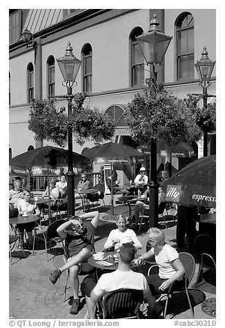 Outdoor cafe terrace, Bastion Square. Victoria, British Columbia, Canada (black and white)