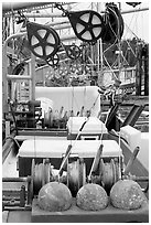 Fishing equipment on boat, Uclulet. Vancouver Island, British Columbia, Canada ( black and white)