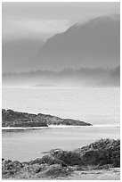 Ocean and coastal range. Pacific Rim National Park, Vancouver Island, British Columbia, Canada ( black and white)