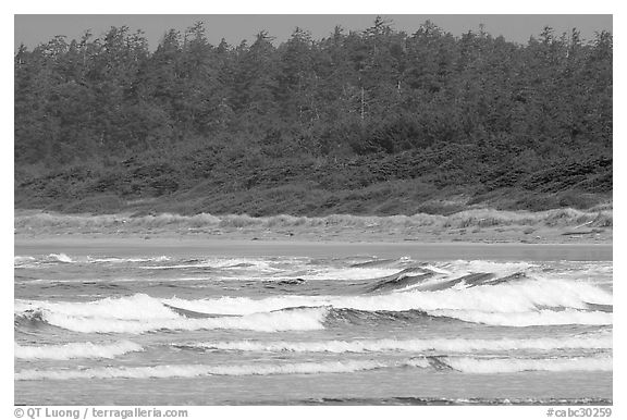 Waves washing on Long Beach. Pacific Rim National Park, Vancouver Island, British Columbia, Canada (black and white)