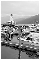 Harbour and lighthouse, Port Alberni. Vancouver Island, British Columbia, Canada (black and white)