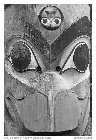 Totem pole detail, Thunderbird Park. Victoria, British Columbia, Canada (black and white)