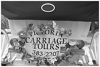 License plate of horse carriage car with flowers. Victoria, British Columbia, Canada ( black and white)