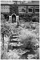 Pond in Italian Garden and Dining Room. Butchart Gardens, Victoria, British Columbia, Canada ( black and white)