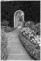 Arched entrance  leading to the Italian Garden. Butchart Gardens, Victoria, British Columbia, Canada ( black and white)
