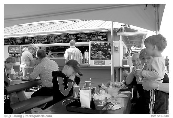 Fish and chips eatery on Fisherman's wharf. Victoria, British Columbia, Canada (black and white)