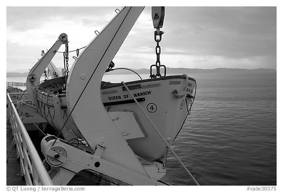 Lifeboat on a ferry. Vancouver Island, British Columbia, Canada (black and white)