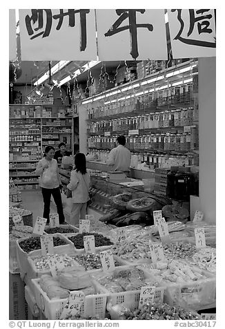 Store selling traditional medicine in Chinatown. Vancouver, British Columbia, Canada (black and white)