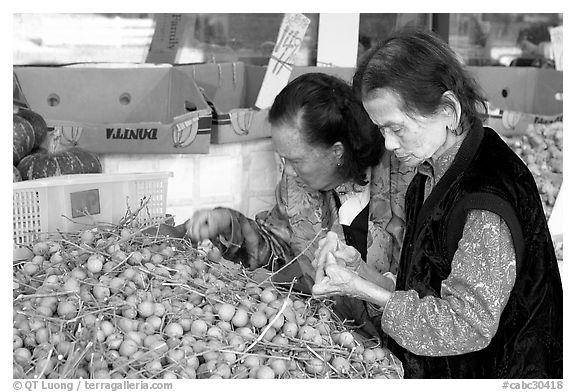 Two elderly women choosing tropical fruit. Vancouver, British Columbia, Canada