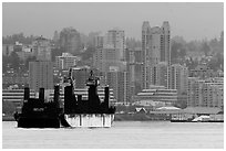 Cargo ship in harbor. Vancouver, British Columbia, Canada ( black and white)