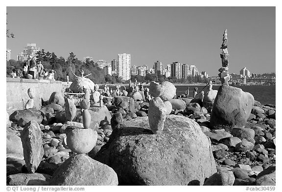 Balanced rocks and skyline, Stanley Park. Vancouver, British Columbia, Canada (black and white)