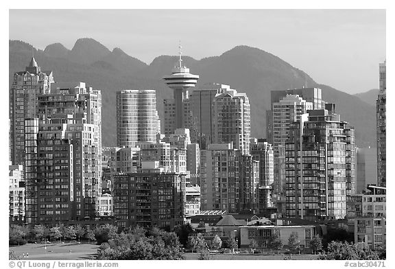 Downtown skyline and mountains. Vancouver, British Columbia, Canada (black and white)