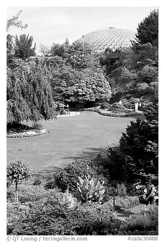 Lawn and Bloedel conservatory, Queen Elizabeth Park. Vancouver, British Columbia, Canada (black and white)