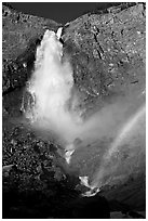 Takkakaw Falls, mist, and rainbow, late afternoon. Yoho National Park, Canadian Rockies, British Columbia, Canada (black and white)