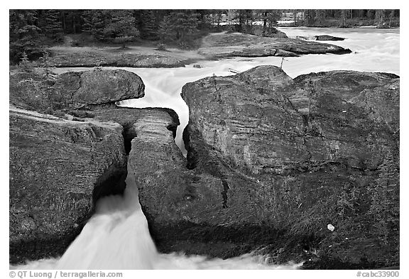 River flowing through the Natural Bridge. Yoho National Park, Canadian Rockies, British Columbia, Canada (black and white)