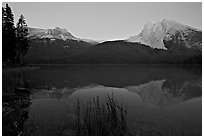 Mount Burgess and Wapta Mountain reflected in Emerald Lake, dusk. Yoho National Park, Canadian Rockies, British Columbia, Canada (black and white)