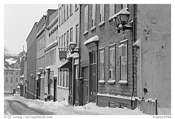 Street in winter with snow on the curb, Quebec City. Quebec, Canada (black and white)