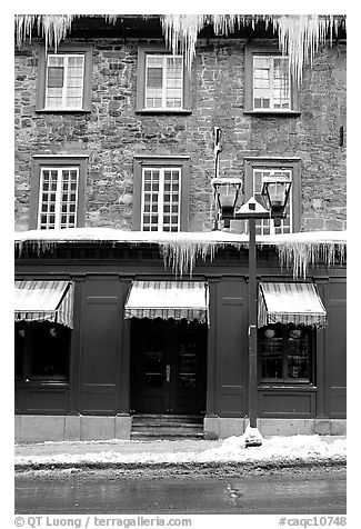 Facade with icicles, Quebec City. Quebec, Canada (black and white)