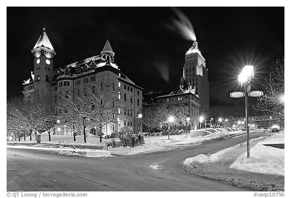 Square at night in winter, Quebec City. Quebec, Canada (black and white)