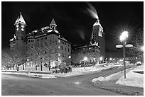 Square at night in winter, Quebec City. Quebec, Canada (black and white)