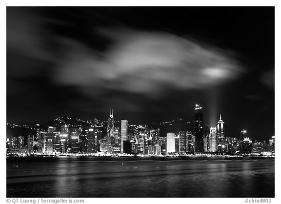 Hong-Kong Island skyline from the waterfront promenade by night. Hong-Kong, China (black and white)
