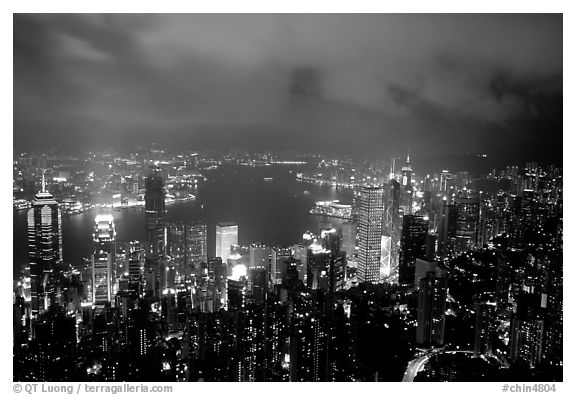 City lights from Victoria Peak by night. Hong-Kong, China (black and white)
