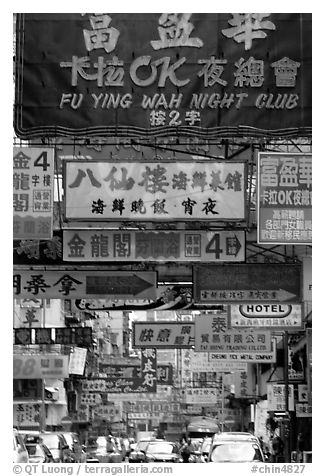 Street filled up with signs in Chinese, Kowloon. Hong-Kong, China (black and white)