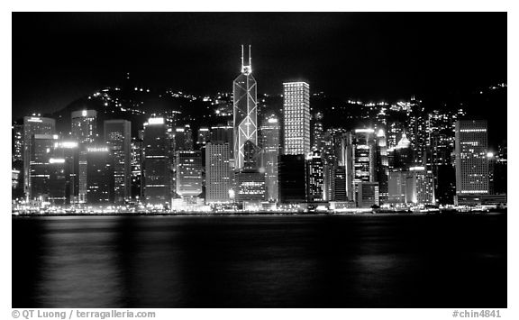 Hong-Kong Island skyline across the harbor by night. Hong-Kong, China (black and white)