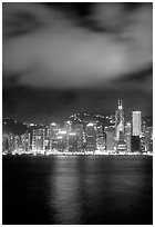 Hong-Kong Island across the harbor by night. Hong-Kong, China ( black and white)