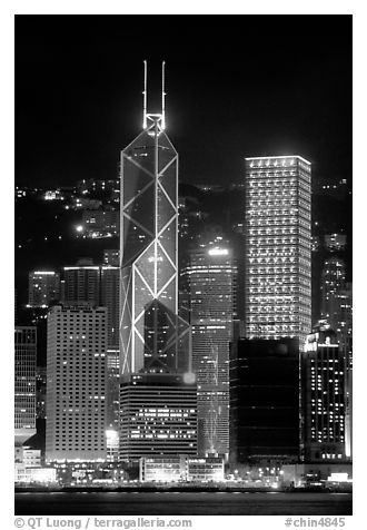 Bank of China (369m) and Cheung Kong Center (290m) buildings  across  harbor by night. Hong-Kong, China (black and white)