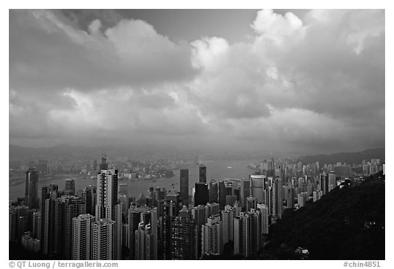 Hong-Kong skyline  from Victoria Peak, sunset. Hong-Kong, China (black and white)