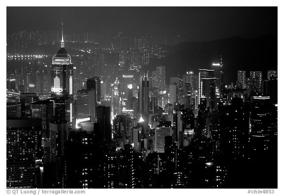 Hong-Kong citiscape from Victoria Peak at night. Hong-Kong, China (black and white)
