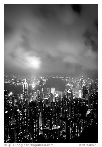 Highrise Hong-Kong lights from Victoria Peak at night. Hong-Kong, China