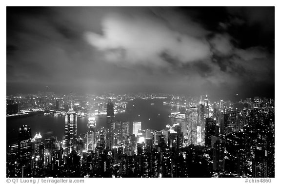 Skycrapers from Victoria Peak at night. Hong-Kong, China