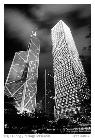 Bank of China (369m) and Cheung Kong Center (290m) buildings at night. Hong-Kong, China