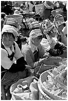 Bai women sell vegetables at the Monday market. Shaping, Yunnan, China ( black and white)