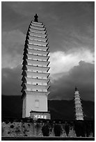 Quianxun Pagoda, the tallest of the Three Pagodas has 16 tiers reaching a height of 70m. Dali, Yunnan, China ( black and white)