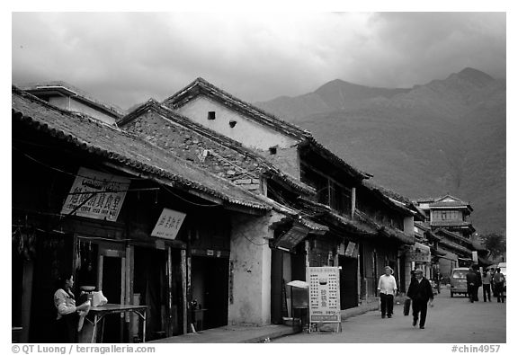 Old houses and Cang Shan mountains. Dali, Yunnan, China (black and white)