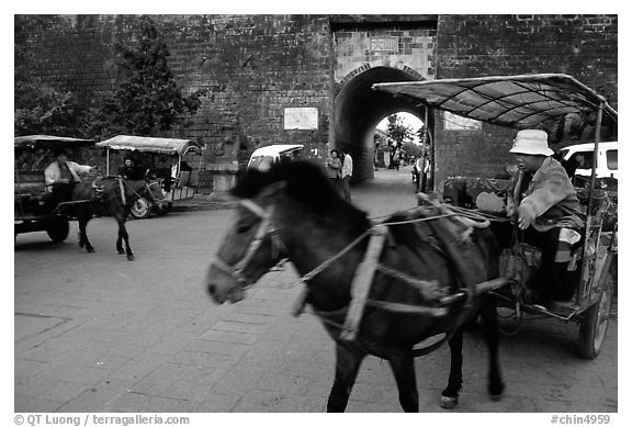 Horse carriage near the North Gate. Dali, Yunnan, China (black and white)