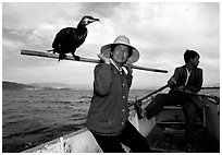 Aboard a cormorant fishing boat. Dali, Yunnan, China ( black and white)