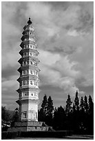 One of the two 10-tiered pagodas flanking Quianxun Pagoda. Dali, Yunnan, China ( black and white)