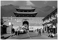 West gate with Cang Shan mountains in the background. Dali, Yunnan, China (black and white)